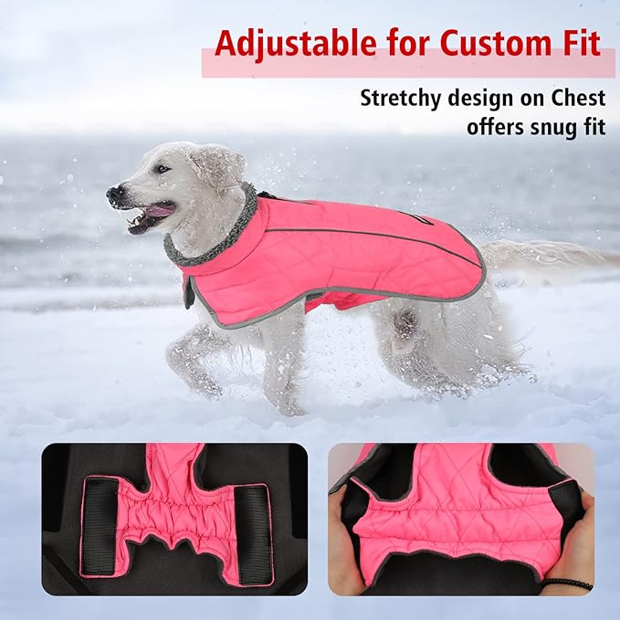 Fragralley Dog Coat Large, Waterproof Dog Jacket with Warm Fleece Lining, Adjustable Reflective Dogs Winter Coat, Turtleneck Pet Coats for Cold Weather (Pink L)