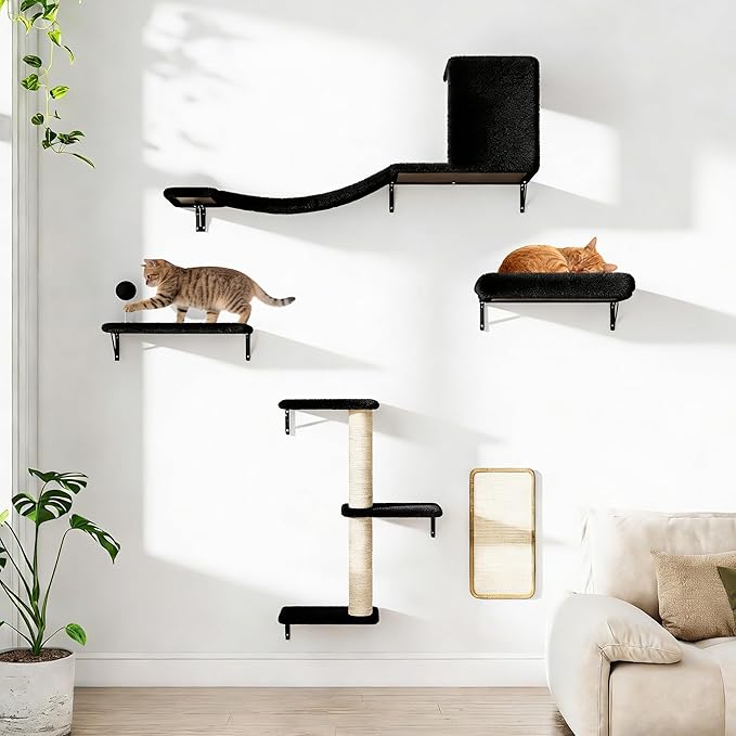 COZIWOW Cat Wall Shelves Set, 5-Piece Wall Mounted Cat Furniture with Cat Tree & Scratching Post, Floating Cat Perches for Indoor Cats（Black）