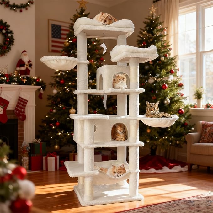 68 Inches Multi-Level Large and Tall Cat Tree Tower for Indoor Cats/Removable Pad/Cat Condo/Sisal Scratching Posts/Hammock/Cat Activity Center/Wide Base