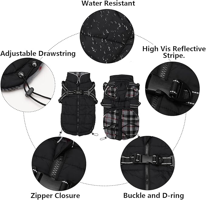 Geyecete Winter Warm Coat Waterproof Jacket with Harness Traction Belt,Pet Outdoor Jacket for Medium, Small Dogs - Black