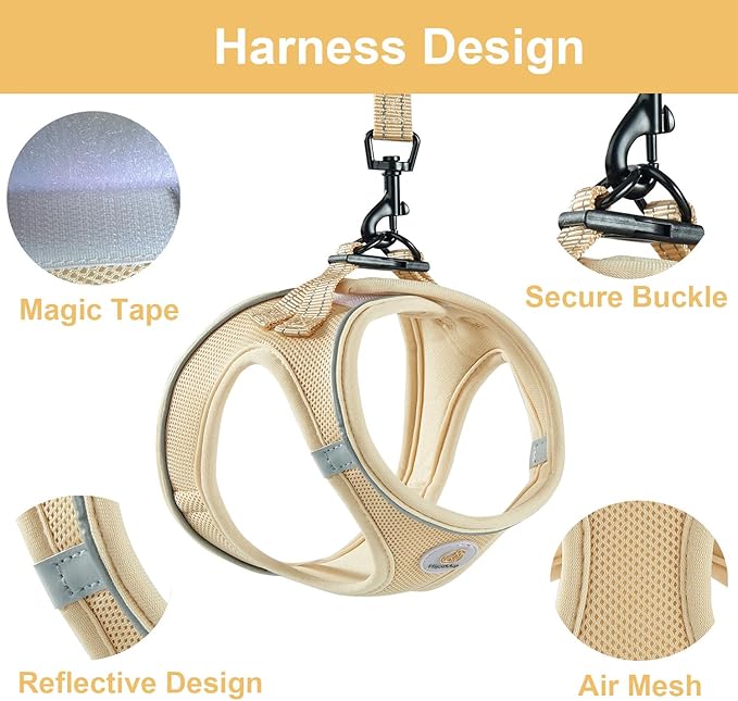 Hipubby Dog Harness and Leash Set, No Pull Soft Mesh Puppy Harness for Small Medium Dogs, Cats - Step in Reflective Breathable Lightweight Vest Harness for Walking, Training - Khaki, XXS