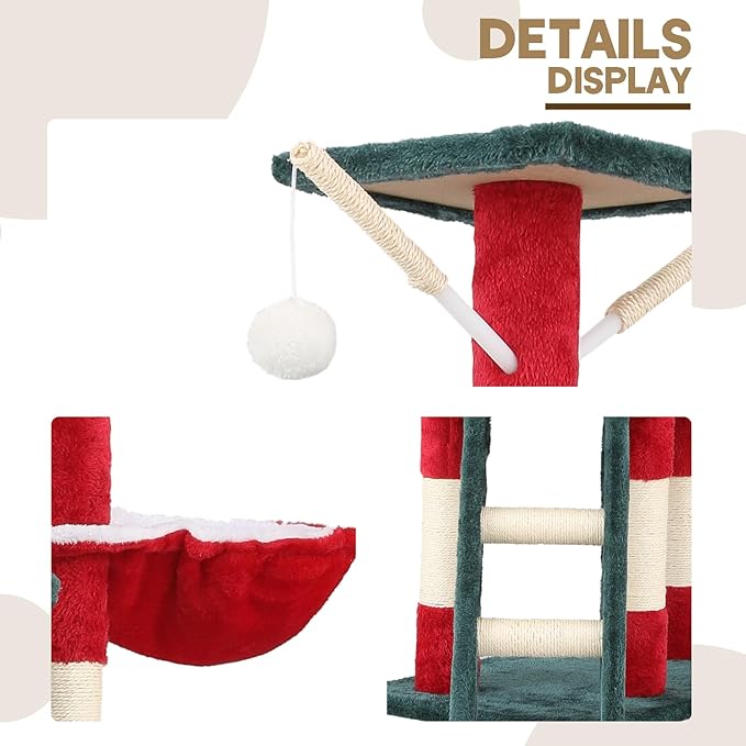 55" Christmas Cat Tree with Cozy Condos, Sisal Scratching Posts & Plush Fabric, Cats Tower with Large Perch Activity Center for Kittens to Adults Cats, Fits Living Room, Bedroom, Apartments