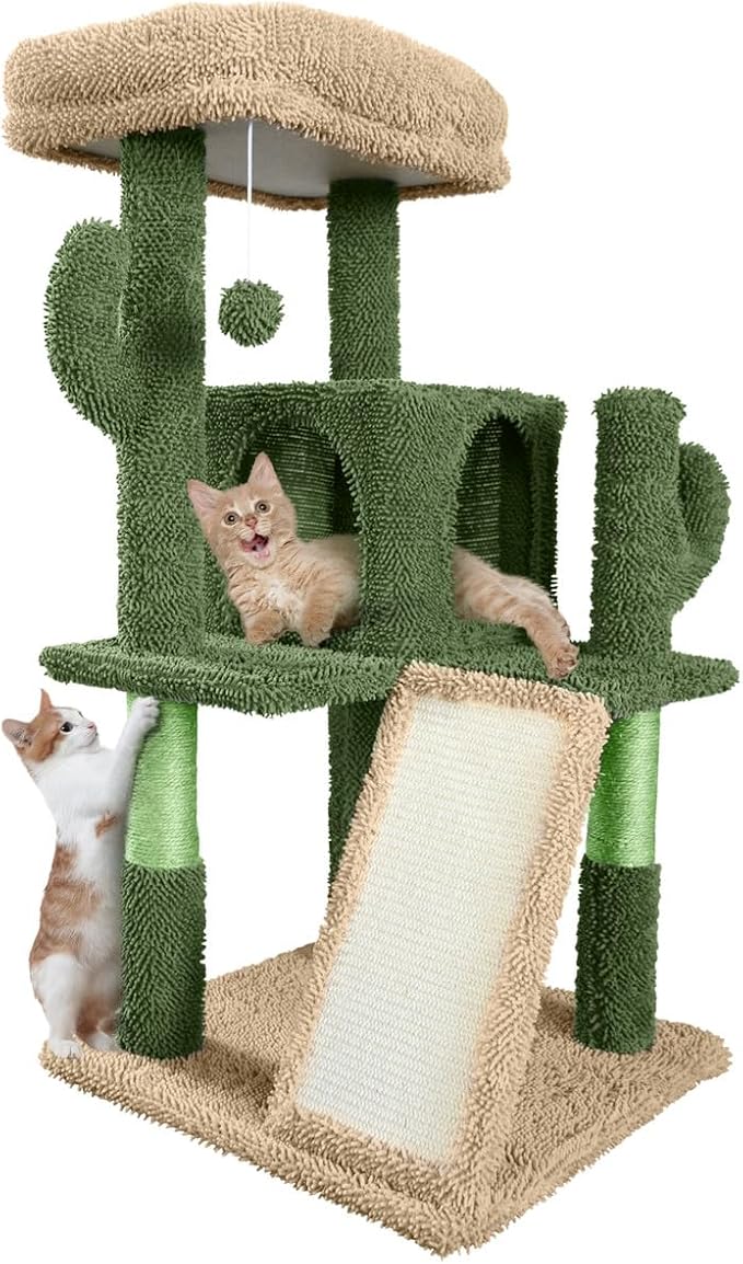 Cactus Cat Tower, 37-Inch Multi-Level Cat Activity Tree with Scratching Posts, Ramp & 2-Door Cat Cave Condo