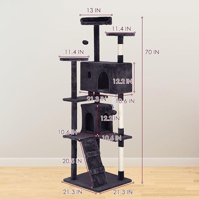 24/7 Shop at Home Court 70 inch Multi-Level Cute Cat Tree Tower with Dangling Ball and Scratching Posts for Indoor Cats Adults, Kitten Supplies, Pet House, Ash Gray