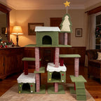 52" Large Cat Tree for Indoor Cats, Christmas Cat Tower with 3 Cozy Houses, Modern Tall Cat Tree with Scratching Post, Platform, Small Ladder, and Toys, for Adult Cats Kittens(Red)