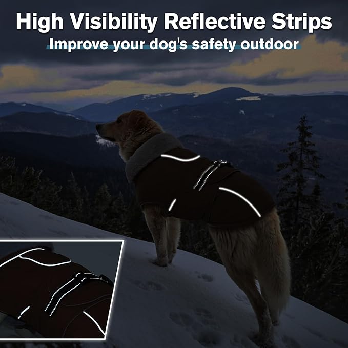 Lelepet Warm Dog Coats for Small Dogs Waterproof Dog Jacket Reflective Pet Fleece Vest Windproof Cold Weather Coats with Adjustable Buckle & Leash Hole, Turtleneck Doggy Snowsuit, Brown, S