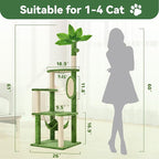 61" Cat Tree for with Green Leaves, Multi-Level Large Cat Tower with Hammock, Plush Cat House with Hang Ball Toy and Sisal Scratching Posts Furniture, Green