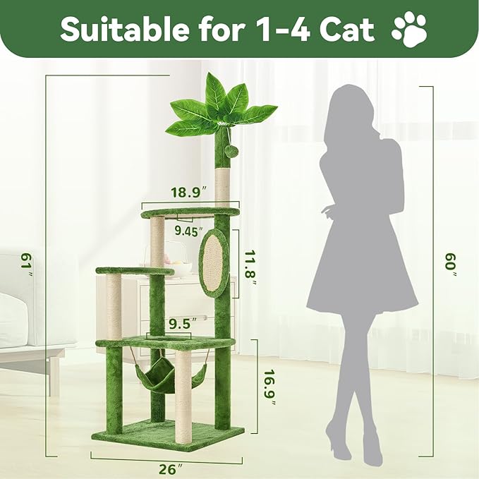 61-Inch Tall Cat Tree Tower with Scratching Post, Multi-Functional Cat Shaped Design Tower with Hammock, Scratcher, Pompoms, for Climbing, Lounging and Playing,Green