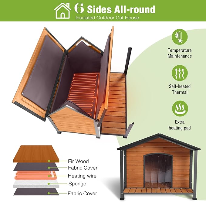 GUTINNEEN Extra Large Heated Dog House Outdoor Insulated Dog House XXL Weatherproof Chew-Proof Metal Frame Dog Kennel with Thermostat-Controlled Heating Pad, 6-Sided Thermal Liner for Large Dog Breeds