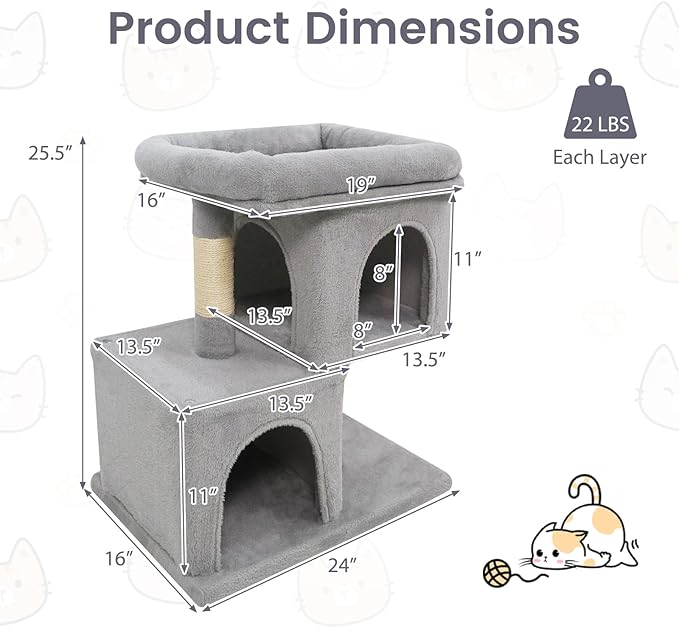 Tangkula Small Cat Tree for Indoor Cats, 25.5 Inch Cat Tower with Sisal Scratching Posts, 2 Large Cat Condos with Padded Top Perch, Modern Cat Climbing Furniture for Adult Cats & Kittens (Light Gray)