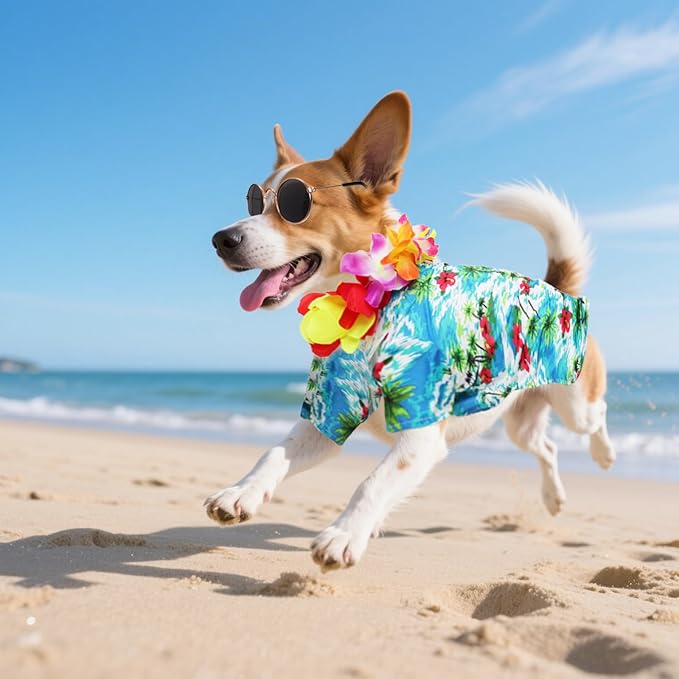 3 Pcs Dog Hawaiian Costume Set Includes Shirt Sunglasses Wreath Dog Outfit Pet Costume for Small Medium Pet Party Summer