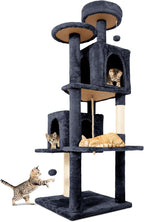 58.5inch Large Cat Tree Tower Condo for Indoor Cats, Soft Plush Multi-Level Climbing Tree Cat House with 1 360° Rotating Cat Cave, Scratching Post, More Entrance/Exit, Sisal Rope, Smoke Gray