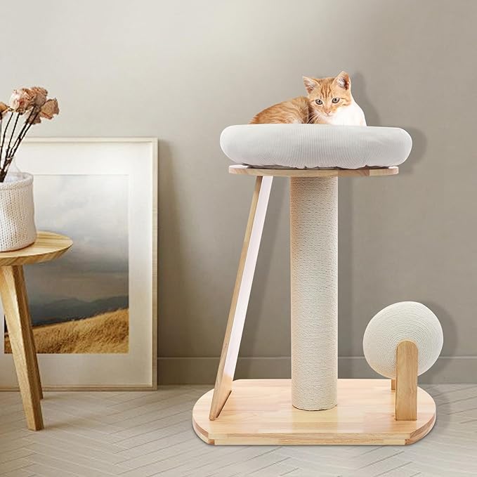 Wooden Cat Tree with Cuddle Bed and Scratching Posts, Multi-Level Cat Tower with Ramp and Ball, Compact Cat Furniture for Indoor Cats, Rubberwood Sisal Cat Climber for Small Spaces ﻿ (Style 1)
