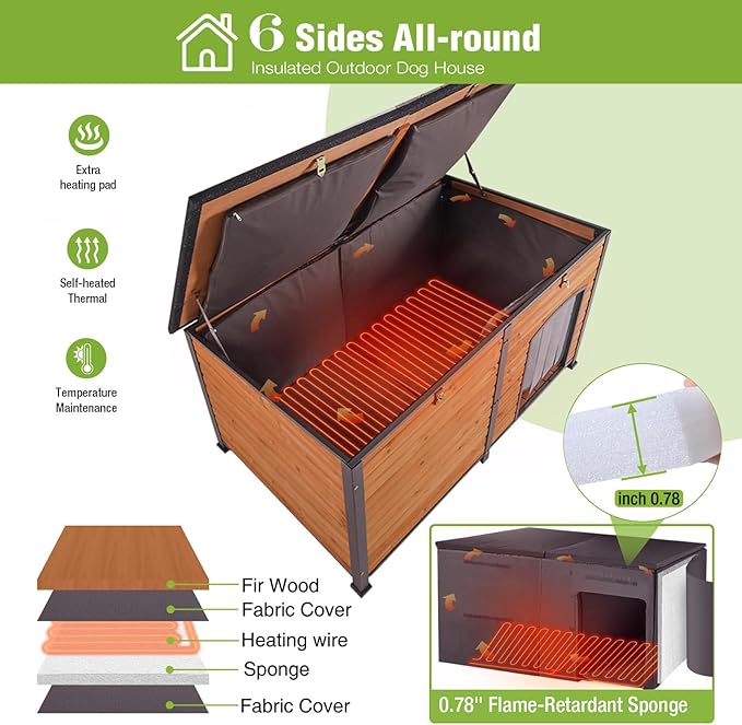 GUTINNEEN Extra Large Heated Dog House Insulated Dog Kennel Winter Shelter with Safe Thermostat-Controlled Heating Pad, Chew-Proof Metal Frame, 6-Sided Thermal Liner for Large Dog Breeds (Brown)