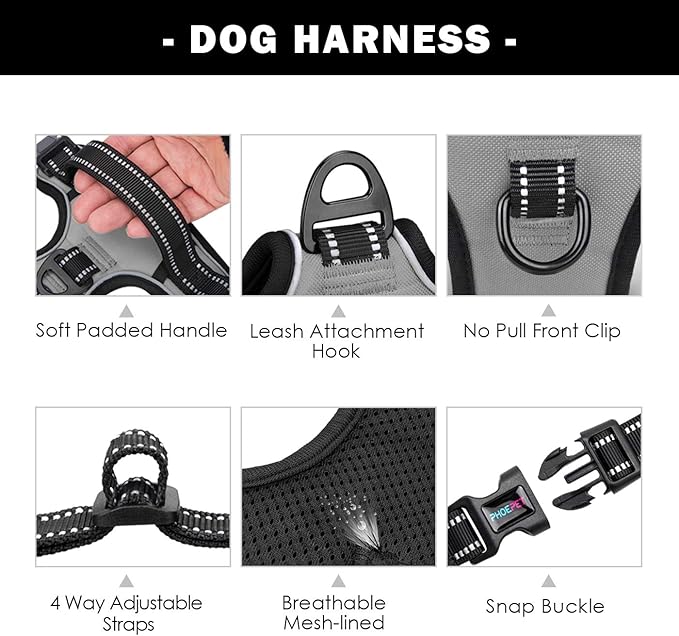 PHOEPET No Pull Dog Harness Medium Reflective Front Clip Vest with Handle,Adjustable 2 Metal Rings 3 Buckles,[Easy to Put on & Take Off](XS, Grey)