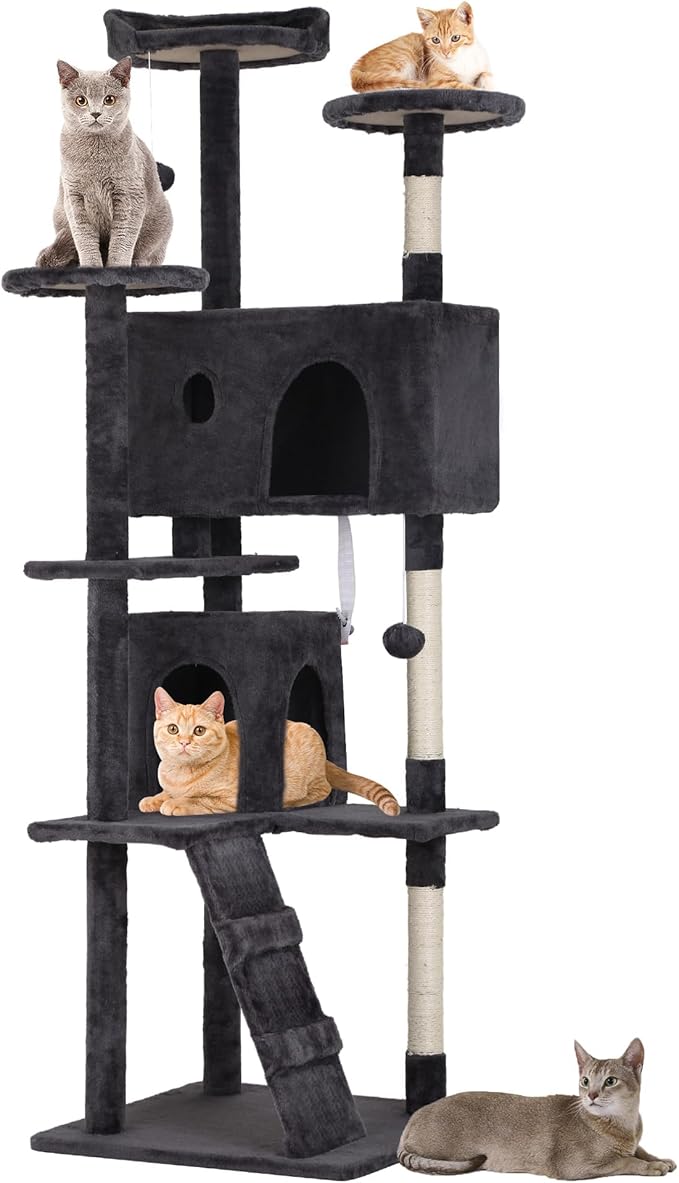 Heavy Duty Cat Tree, 70 Inch Tall Tower With 3 Top Perches Platforms & 2 Cozy Condos, Climbing Tower With Ladders & Sisal Pole, Scratching Tree for Large Cats Play House, Grey