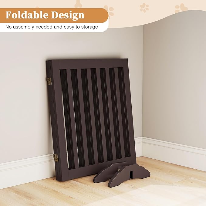 24”H Freestanding Wooden Pet Gate, Dog Gate for Stairs, Doorways, and Hallways, Step Over Foldable Pet Fence for Indoor Use, Support Feet Included, 60 inch Wide 3 Panels, Espresso