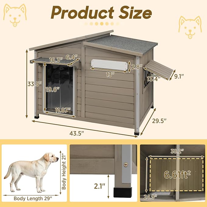 Outdoor Wooden Dog House for Small & Medium Dogs, Weatherproof Winter Dog Kennel with Openable Roof & Window, Chew-Resistant Frame, Cozy Indoor Shelter