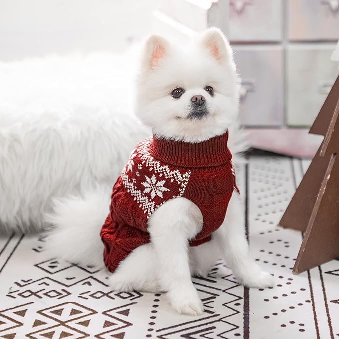 Warm Winter Pink Dog Sweater - Cold Weather Pet Clothes for Small Medium Large Dogs Indoor Outdoor, Soft Classic Knit Puppy Apparel Coat, Dark Red, XS