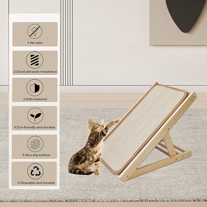 Sisal Cat Scratcher Ramp,Tilted Natural Wood Vertical Scratcher Pad for Cats with Sisal Scratching Board Durable Adjustable Height Pet Scratching Pads for Indoor Dogs Kitten Holding up to 80LBS