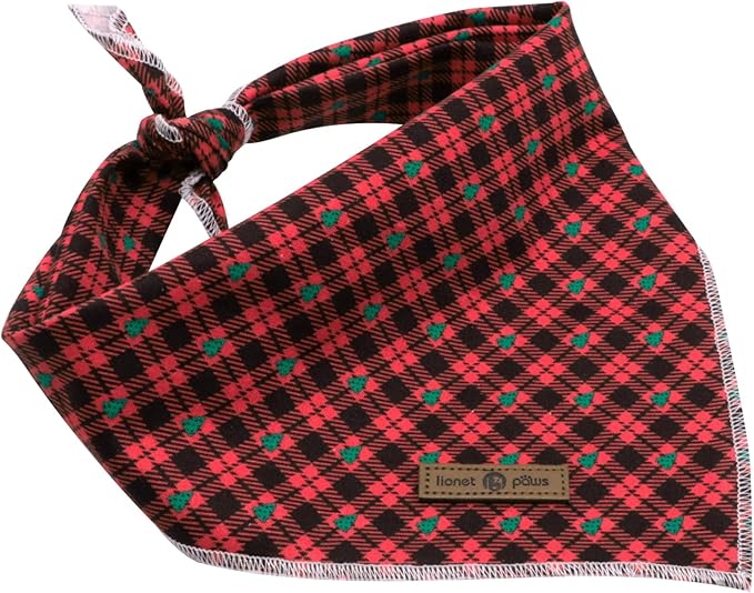 Lionet Paws Christmas Dog Bandana - 1PC Red Tree Dog Bandana, Washable Reversible Cotton Boy Bibs Scarf, Adjustable Square Kerchief for Small to Large Dogs
