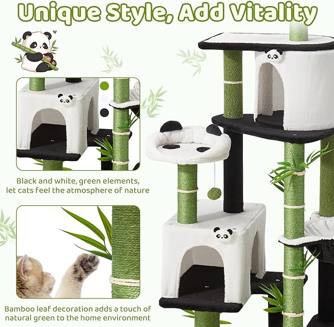 Erinnyees Cat Tree, 71.3 Inches Cat Tower for Indoor Cats with Panda Design, Spacious Cute Kitty Condo with Sisal Scratching Post, Cozy Hammock and Multi-Level Platform, Stylish Pet Furniture