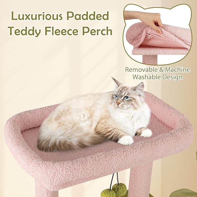 PETSITE 58-inch Flower Cat Tree, Multi-Level Cat Tower with Sisal Scratching Posts and Board, Cat Condo, Side Basket, and Dangling Balls, Cute Pink Cat Tree Tower for Indoor Cats