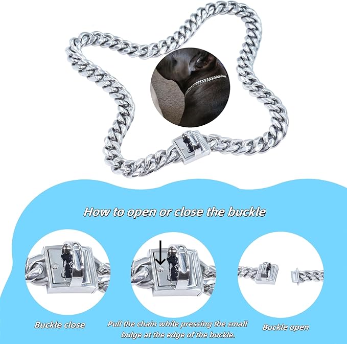 Heavy Duty Cuban Link Chain Dog Collars 15MM Gold/Silver Stainless Steel Metal Walking Training Collars with Cute Secure Design Buckle, Chew Proof, for Large Medium Small Dogs (Silver, 22'')