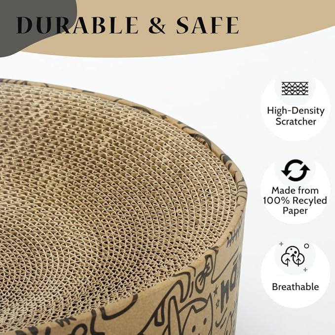 Cat Scratcher Cardboard 2in1 Oval Cat Scratcher Bed for Indoor Cats Cat Scratch Pad Bowl with Scratching Toy Corrugated Lounge Bed&Furniture Protector &Training Toy XL（Black）