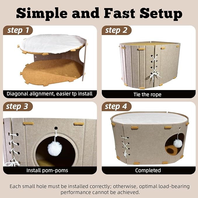 Cat House for Indoor Cats - Foldable Cat Bed Cave with Scratch-Resistant Felt Cats Tunnel Bed Condo & Hanging Fluffy Ball | Cozy Spacious Hideaway for Multi-Cats| Durable & Easy to Store, Cream