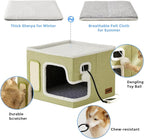 Heated Cat House for Indoor Cats - Cat Warming Bed for Winter with Fluffy Ball Hanging and Adjustable Heating Pad, Foldable Cat Hideaway,16.5x16.5x13 inches, Grey