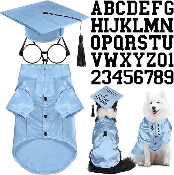5 Pcs Dog Graduation Costume Set Include 2026 Pet Graduation Gown with Stole Puppy Grad Cap Lensless Glasses DIY Letter Stickers for Dogs Cats Holiday Costume Accessory(Light Blue,XL)