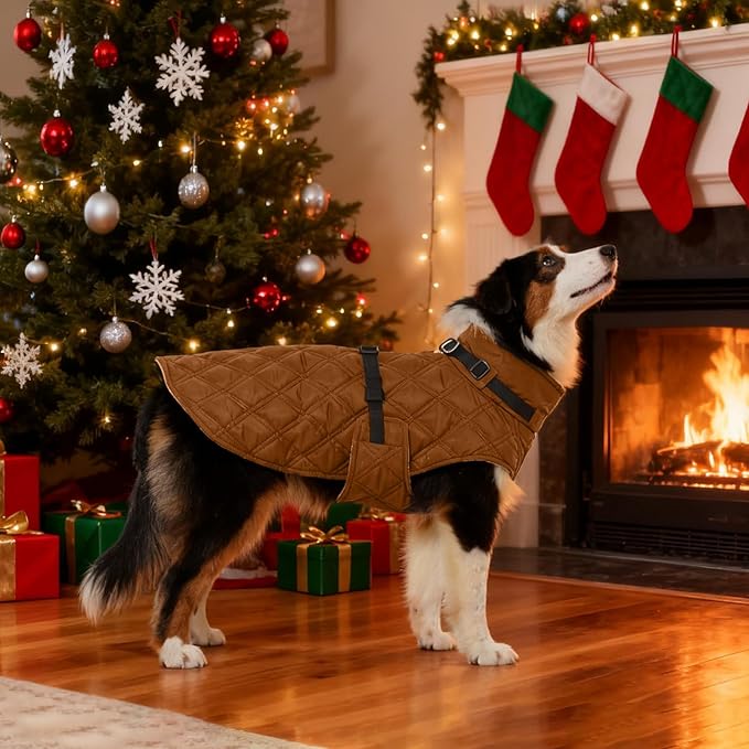 Kuoser Dog Coat Warm Fleece Lining Turtleneck Dog Jacket with Harness Built-in, Windproof Cold Weather Coats with Quick Release Buckle Pet Winter Snowsuit for Extra Large Dogs Great Dane, Khaki 3XL