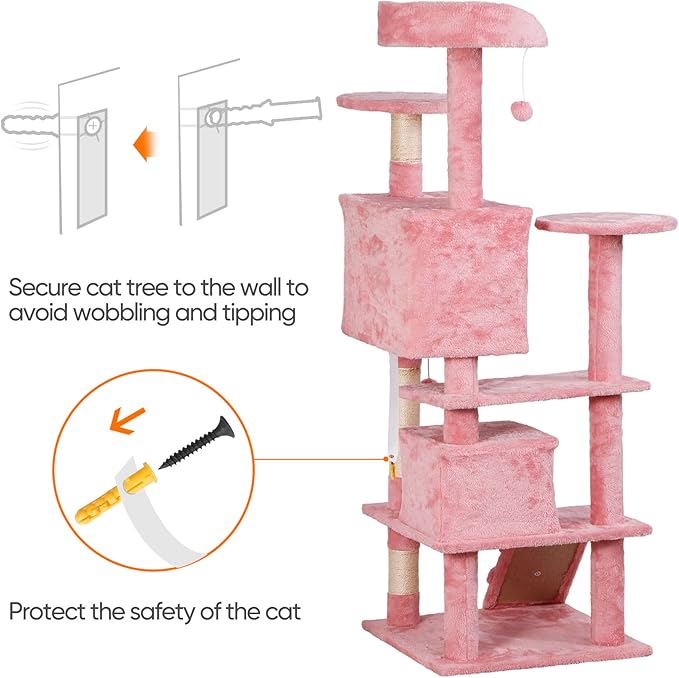 54in Cat Tree for Indoor Cats Multi-Level Condo Tower Bed Furniture Kitten Play House with Scratching Posts, Pink