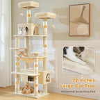 PAWZ Road Large Cat Tree, 72 Inches Cat Tower for Large Cats, Cat Condo with Sisal-Covered Scratching Posts and Pads, 2 Padded Perch, Dual Condo and Basket for Indoor Cats-Beige