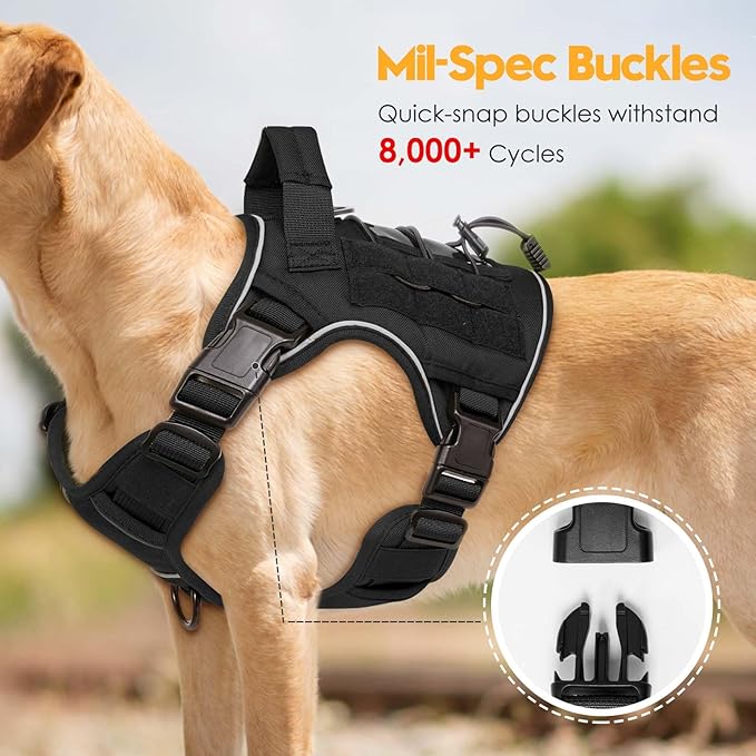 Heavy-Duty Tactical Dog Harness for Large Dogs, No Pull Adjustable Reflective Pet Vest with Molle System, K9 Military-Grade Control for Service Training, Outdoor & 10+ Breeds, Black, Medium