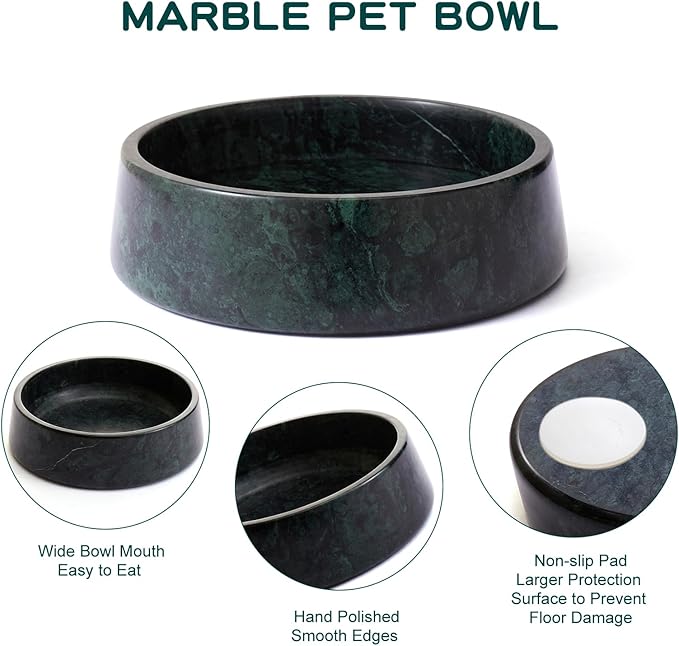 Green Marble Dog Bowl, Non-Slip Dog Food Water Bowl, Large Weighted Stone Dish, Natural Marble Heavy Pet Bowl, Easy to Clean, Gifts for Cat Lovers, Perfect Cat Dog Gifts, Holds 6 Cups(6 lbs)