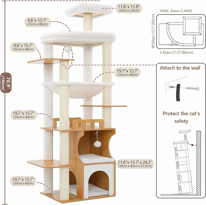 Cat Tree, 70.9 Inch Wood Cat Tower for Large Cats Adult, Modern Cat Furniture with Double-Layer Wooden Cat Condo, 2 Platforms, Large Hammock and Scratching Posts, Walnut GCT102WB