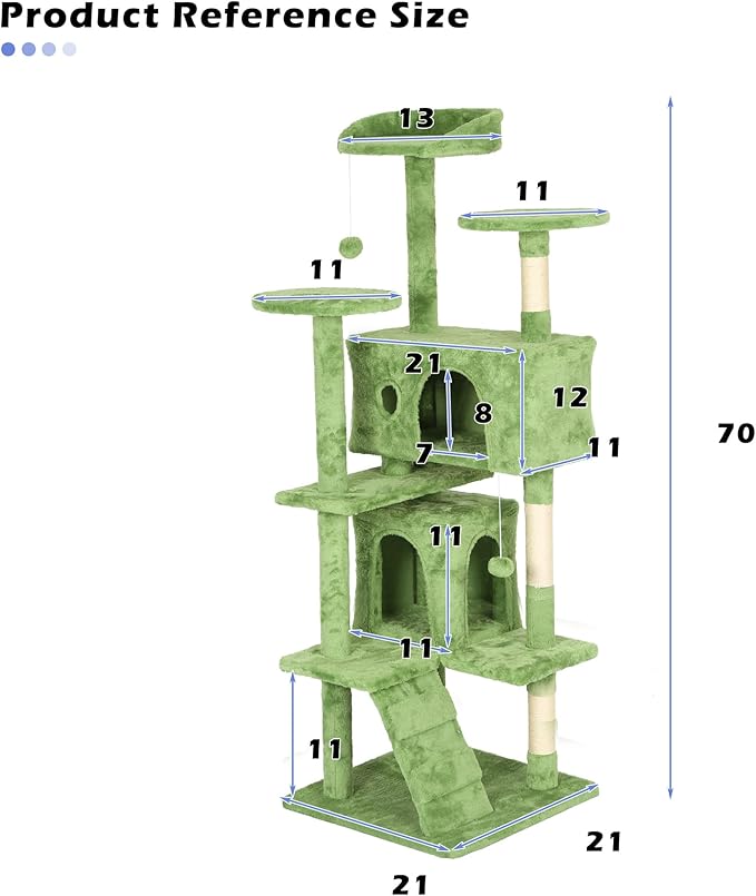 Heavy Duty Cat Tree,70 Inch Tall Cat Tower,2 Cozy Condos,Scratching Posts,Ladders & Sisal Pole,Multi-Level Perches Platforms for Indoor Cats,Sturdy Pet Climbing Furniture,Green