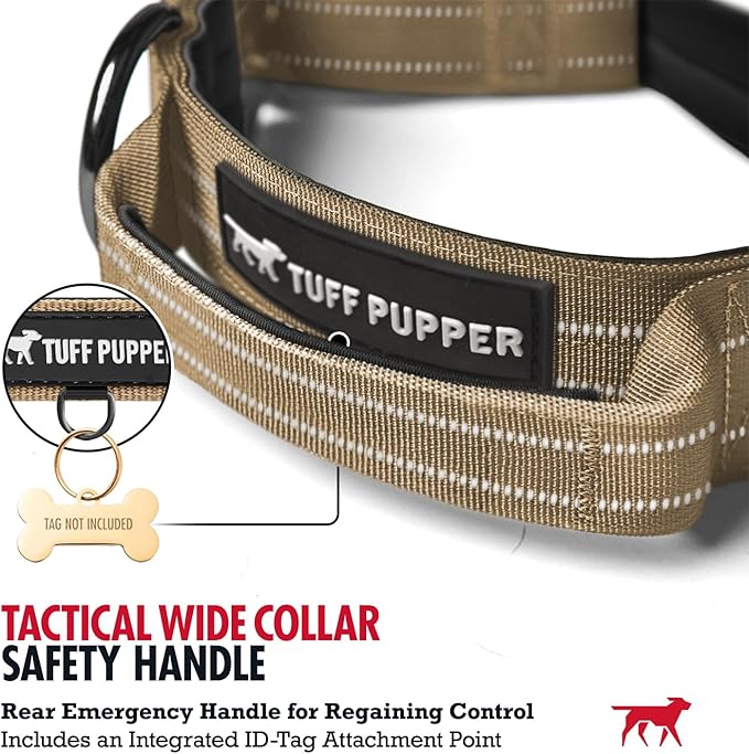 Tuff Pupper Tactical Dog Collar with Handle | Heavy Duty Adjustable Dog Collar | Military Nylon Collar for Medium Dogs | Quick-Release Buckle | Soft Padded Comfort | Training Control (Tan, Medium)