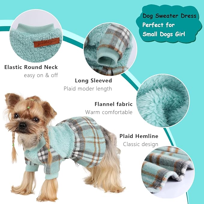 Dog Sweater Dog Winter Clothes for Small Dogs Boy Girl Fall Puppy Dress Warm Fleece Chihuahua Yorkie Teacup Doggie Sweaters Dresses Doggy Sweater for Small Dogs Girl Cat Outfits, Green Plaid, XS