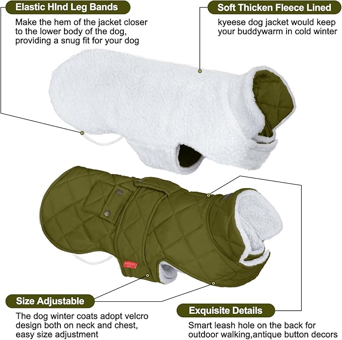 KYEESE Dog Coat Windproof Dog Coats for Small Dogs Soft Pet Sweater for Cold Weather Waterproof Dogs Jacket with Fleece Lined Warm Pet Winter Puffer Coat with Leash Hole Thick Pets Clothes with Pocket