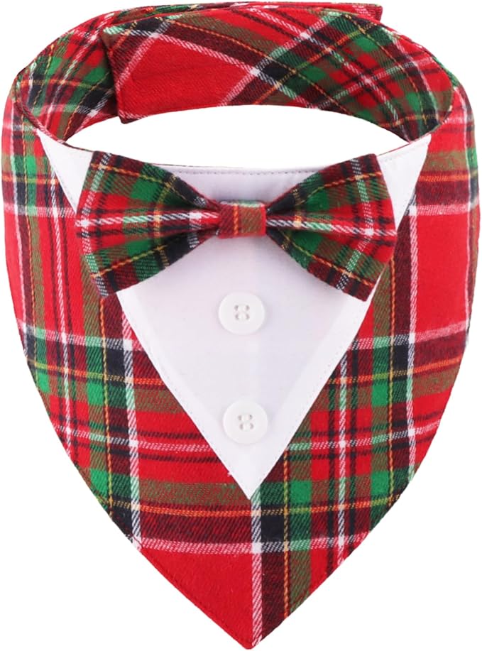 ADOGGYGO Christmas Dog Tuxedo Bandana, Red Green Plaid Pet Xmas Collar with Bow, Adjustable Christmas Costume for Extra Large Dogs (XL)