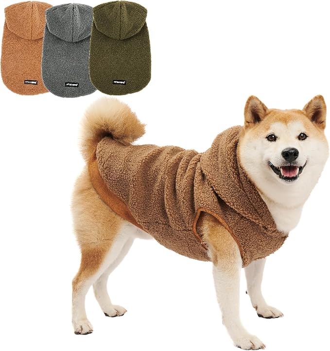 Tuff Pupper Fleece Dog Hoodie Sweater | Teddy Sherpa Outer & Soft Polar Fleece Lining | Adjustable Fit Winter Coat with Hood, Leash Hole, Ribbed Cuffs | for Small Medium Large XL XXL Dogs (Brown, M)