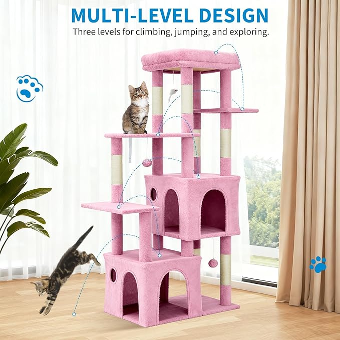 GarveeLife 61" Multi-Level Cat Tree for Indoor Cats, Heavy-Duty Tower for Large Adult & Maine Coon Cats with Oversized Perch, Dual Condos, Natural Sisal Scratching Posts & Play Toys – Pink