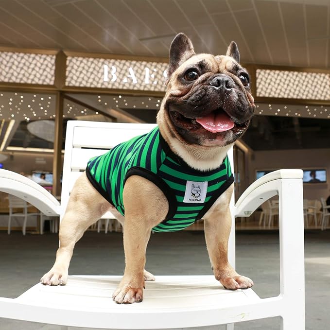 iChoue English Bulldog 100% Breathable Cotton Striped T Shirts Halloween Vest Clothes for Medium Dogs Tank Tops French Frenchie Pug Boston Terrier Pitbull Green Black Stripes - XXLarge