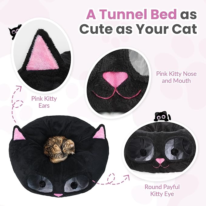 Baseola Cat Tunnel Bed for Indoor Cats, Peekaboo Cat Cave with Washable Soft Play Mat, Furry Cat Tube, for Kitten/Puppy/Rabbit, Kitten Series Black Pink