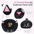Baseola Cat Tunnel Bed for Indoor Cats, Peekaboo Cat Cave with Washable Soft Play Mat, Furry Cat Tube, for Kitten/Puppy/Rabbit, Kitten Series Black Pink