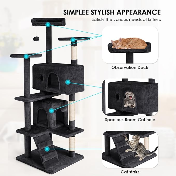 Cat Tree 53 inches Cat Tower for Indoor Cats Cat House with Replaceable and Removable Dangling Ball Cat Trees and Towers with Funny Toys, Dark Gray