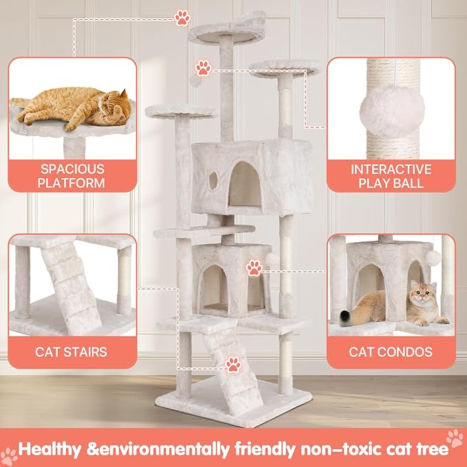 Cat Tree with Scratching Post,Cat Tower House for Indoor Large Adult Cats Kittens,21" Multi-Level Activity Cat Cando Furniture,Beige